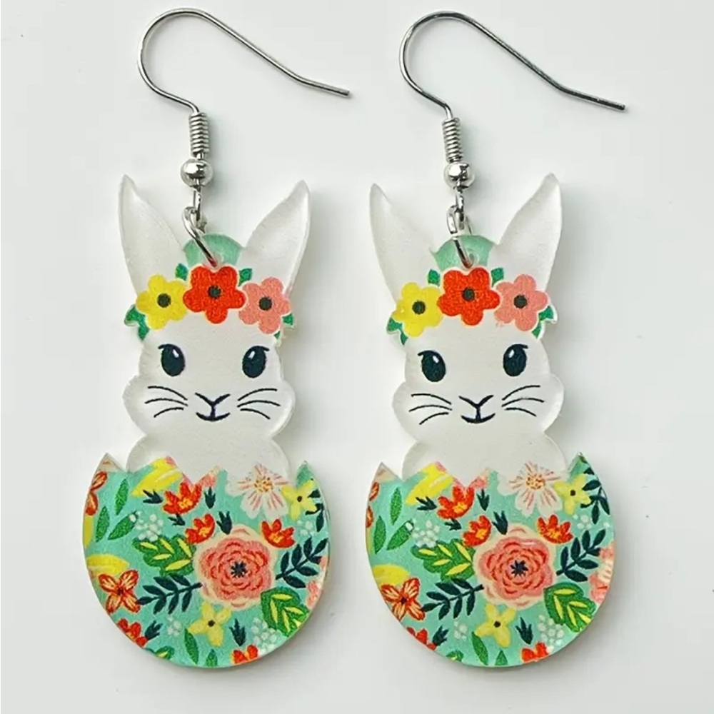 Floral Egg Bunny Dangle Earrings